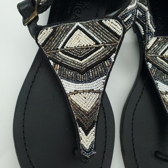 Aspiga Black Silver White T-Strap Hand-beaded Ankle Cuff Sandals Buckle Clasp 38 - Picture 2 of 11